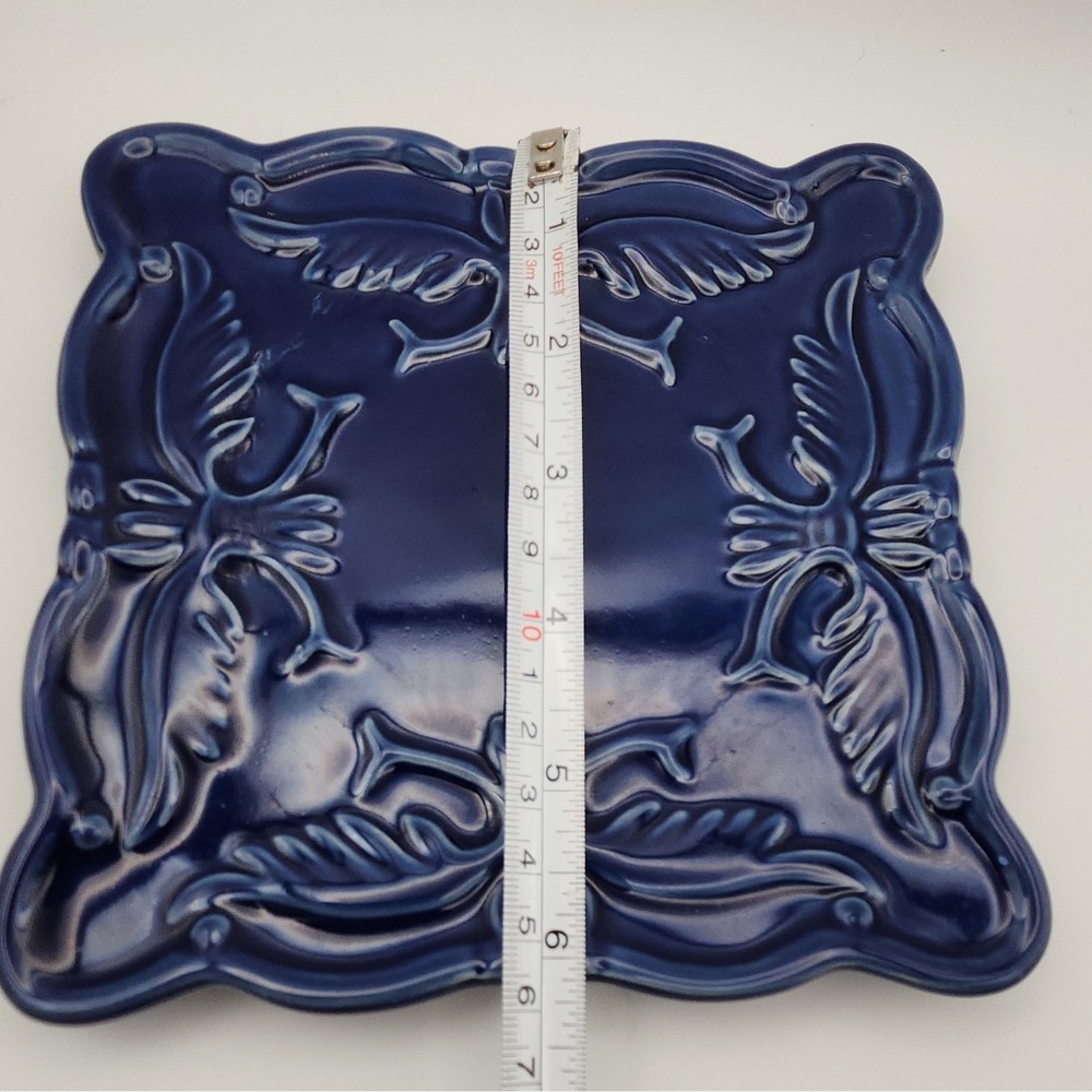 California Pottery N-382 Blue Glossy Ceramic 7" Trivet Mid-Century Floral - Picture 4 of 6